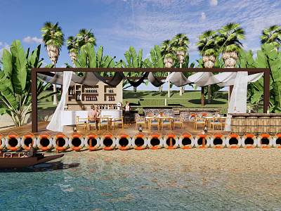 Modern Outdoor Restaurant Holiday Beach Park Landscape Beach Island Seaside Holiday Sea View Restaurant Candlelight Dinner Bar 3d model