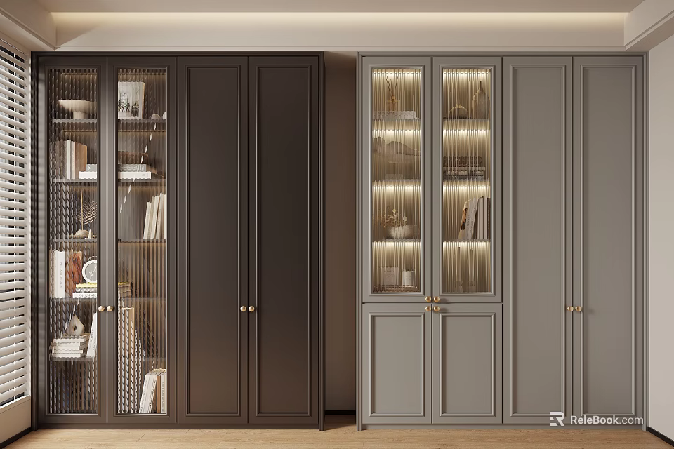 Modern Dark and Light Gray Bookcases With Glass Doors Lighting and Decor Items 3d model 