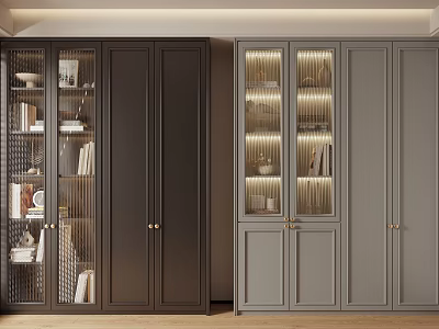 Modern Dark and Light Gray Bookcases With Glass Doors Lighting and Decor Items 3d model
