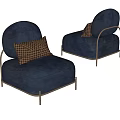 Dark Blue Fabric Single Sofa with Metal Legs and Checkerboard Pattern Cushion 3d model