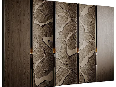 Decorative Wooden Background Wall With Leaf Pattern In Brown Beige Tones And Gold Accents 3d model