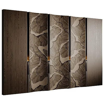 Decorative Wooden Background Wall With Leaf Pattern In Brown Beige Tones And Gold Accents 3d model