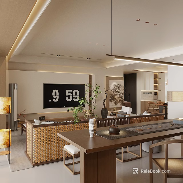 Modern Living And Dining Room Interior With Wicker Furniture Wooden Table Green Plants And Artwork 3d model 