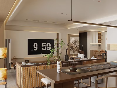 Modern Living And Dining Room Interior With Wicker Furniture Wooden Table Green Plants And Artwork 3d model