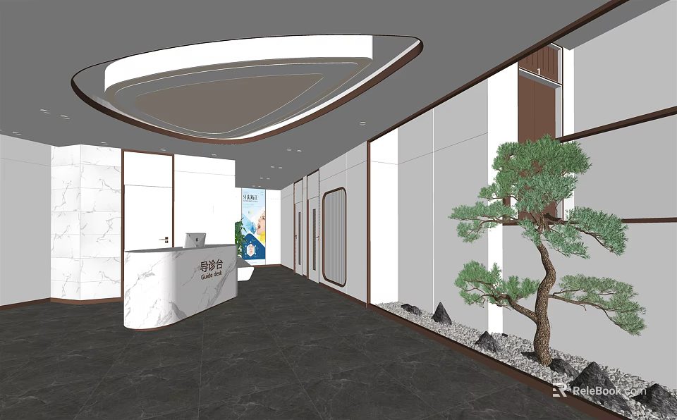 Modern Store Front Desk With Marble Counter And Green Plant Decoration 3d model 