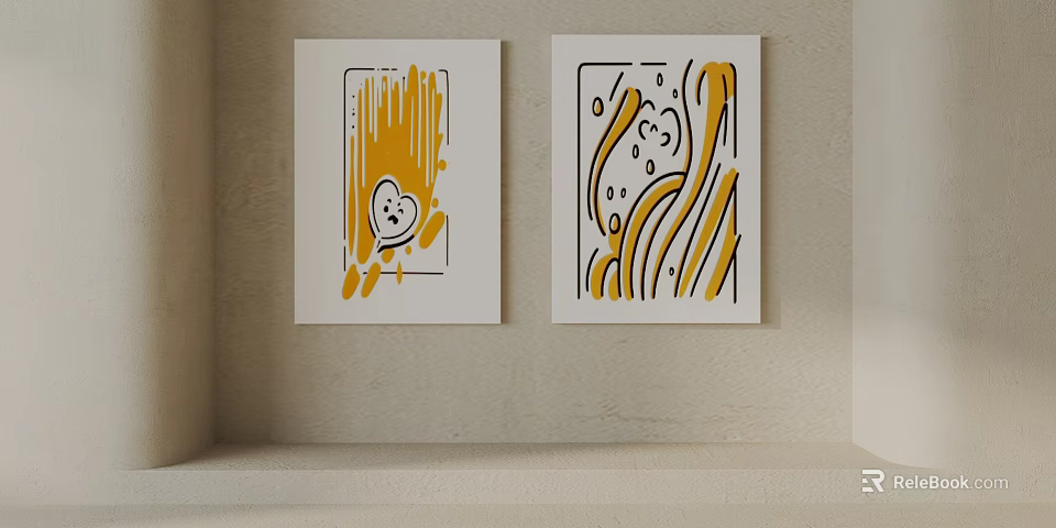 Two Abstract Decorative Wall Paintings With Yellow Heart Shape And Wavy Dots 3d model