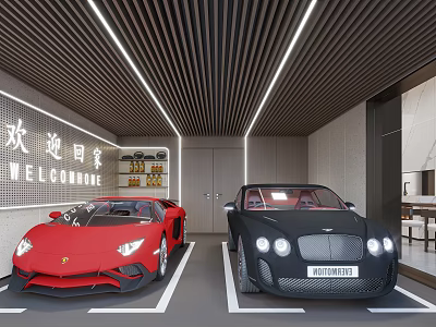 Modern Luxurious Garage Design With Red And Black Sports Cars And Linear Lighting 3d model