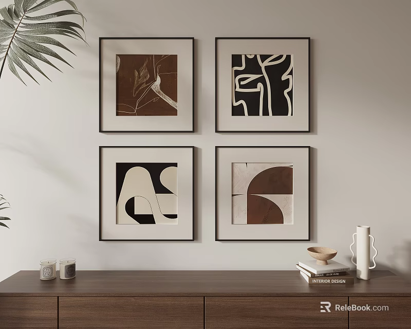 Four Framed Abstract Artworks On Wall With Wooden Cabinet And Decor Items 3d model 