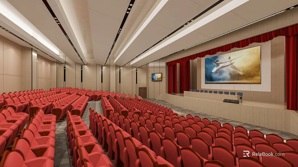 Modern Auditorium With Red Seats And Large Screen 3d model 