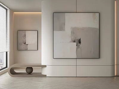 Modern Minimalist Room Interior With Abstract Paintings Curved Console And Lighting 3d model