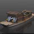 Traditional Wooden Boat With Brown Hull Canopy And Yellow Decorations On Dark Background