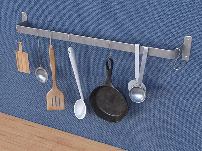 Organized Kitchen Utensils Hanging On Wall Mounted Rack With Spatula Pan And Spoons 3d model