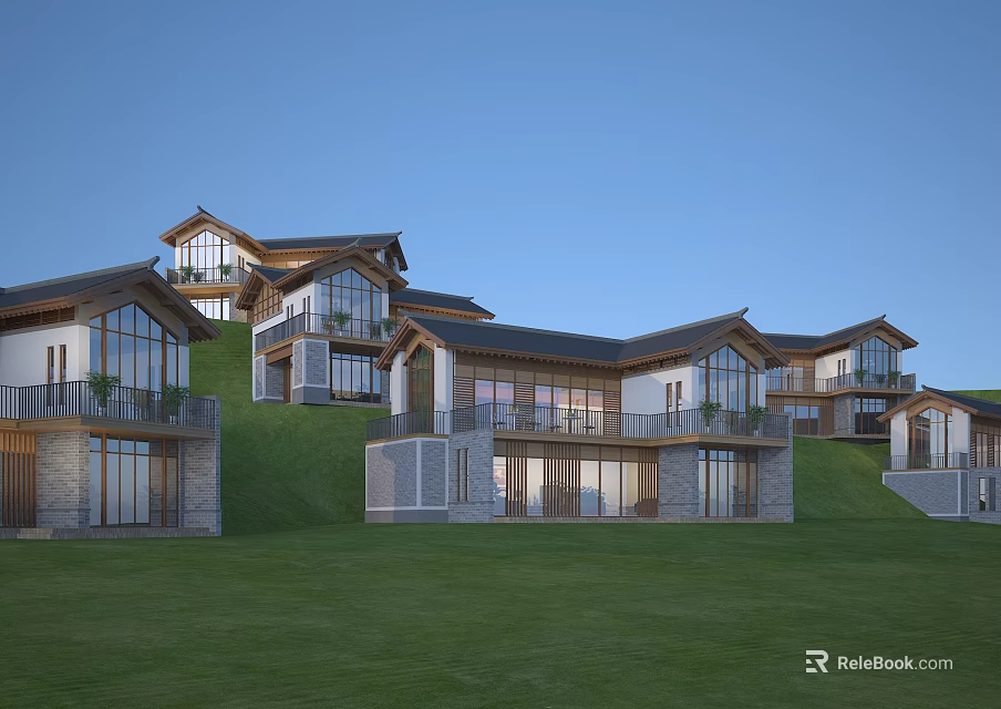 Hillside Traditional Modern Villa Buildings With Large Windows Balconies And Green Lawn 3d model 