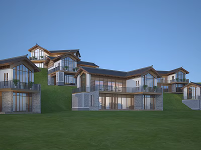 Hillside Traditional Modern Villa Buildings With Large Windows Balconies And Green Lawn 3d model