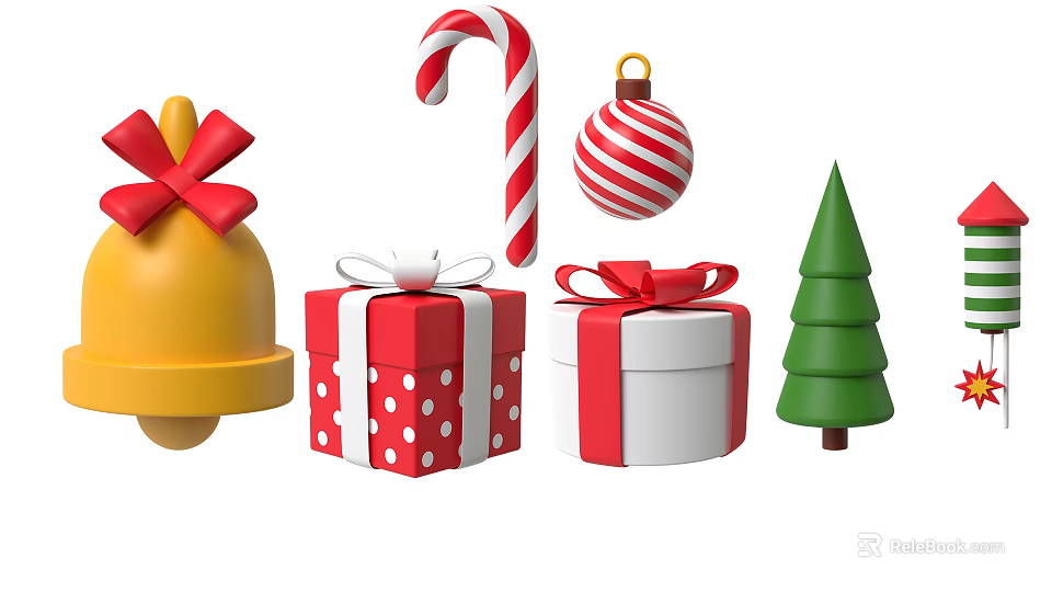 Festive Christmas Ornament Decoration Set With Bell Candy Cane Bauble Gift Boxes And Tree 3d model 