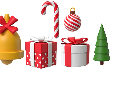 Festive Christmas Ornament Decoration Set With Bell Candy Cane Bauble Gift Boxes And Tree 3d model
