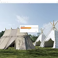 Outdoor Canvas Teepee Tent Camping On Grassland With Trees And Blue Sky