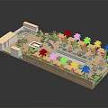 Cartoon Resort Scene With Swimming Pool Palm Trees Cabins Lounge Chairs And Greenery