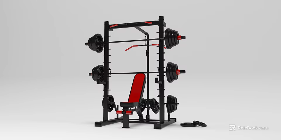 Sports Equipment Heavy Duty Squat Rack with Barbells Dumbbells and Red Bench 3d model 