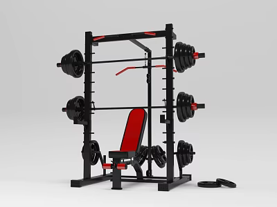 Sports Equipment Heavy Duty Squat Rack with Barbells Dumbbells and Red Bench 3d model