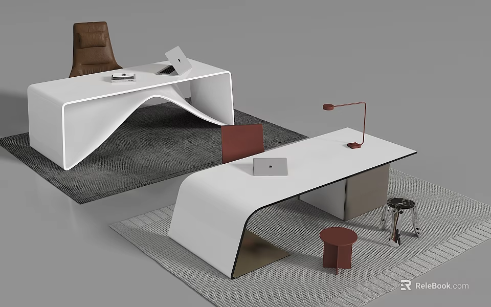 Modern Office Desk Setup With Curved White Surface Chair Lamp Stool And Rug 3d model 