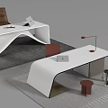 Modern Office Desk Setup With Curved White Surface Chair Lamp Stool And Rug