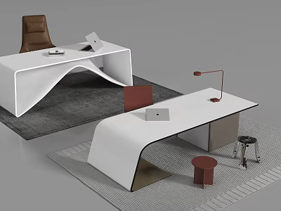 Modern Office Desk Setup With Curved White Surface Chair Lamp Stool And Rug 3d model