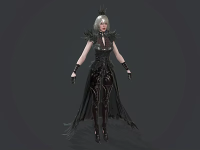 Fantasy Female Character in Black Elegant Armor with Silver Hair and Crown 3d model