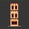 Three Story Building Model With Red Roof Yellow Walls And Windows On Square Base