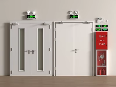 White Double Safety Doors With Glass Panels And Fire Safety Equipment Signs 3d model