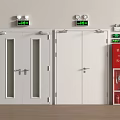 White Double Safety Doors With Glass Panels And Fire Safety Equipment Signs
