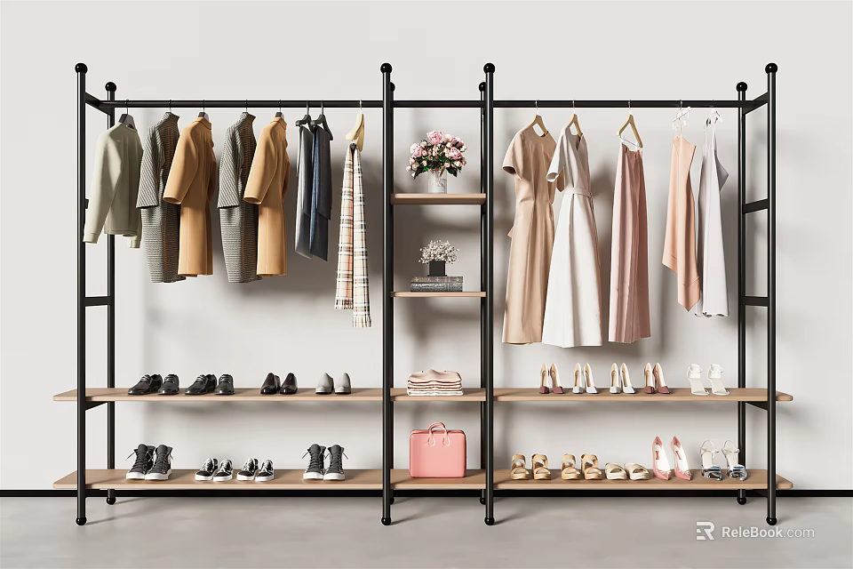 Black Clothing Rack Hanging Clothes Dresses Coats with Shelf for Shoes Handbag and Decorative Flowers 3d model 