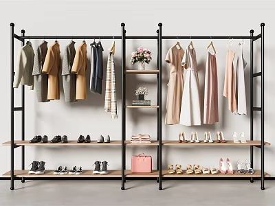 Black Clothing Rack Hanging Clothes Dresses Coats with Shelf for Shoes Handbag and Decorative Flowers 3d model