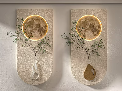 Two Artistic Wall Hangings With Moon Lights Green Branches And Decor 3d model