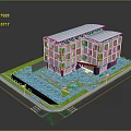 Modern Building 3D Model Architectural Design With Glass Facade Water Feature Greenery And Street Lamps