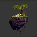 Cartoon Style Floating Island Scene With Green Tree Small Building And Stone Path