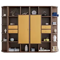 Modern Wooden Bookcase With Yellow Doors Striped Panels Books Vases And Decorative Ornaments
