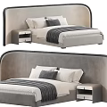 Modern Double Bed with Upholstered Headboard Nightstand White Pillows and Striped Blanket