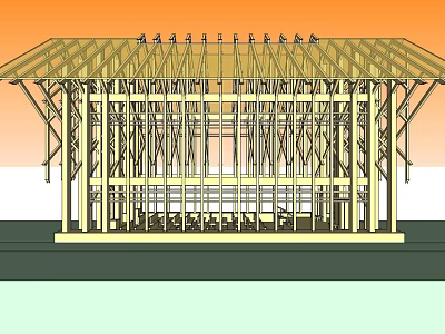 Wooden Building Frame Structure With Roof Trusses And Support Columns 3d model
