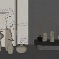 Ceramic Vessels Of Different Shapes Colors With Decorative Dry Branches On Gray Countertop Gray Wall