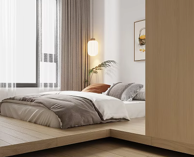 Minimalist Tatami Bedroom Interior Design With Wooden Platform Bed And Pendant Light 3d model
