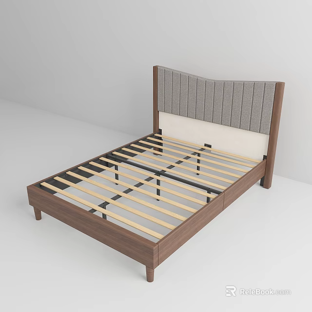 Modern Double Bed with Gray White Upholstered Headboard and Wooden Slat Support Frame 3d model 