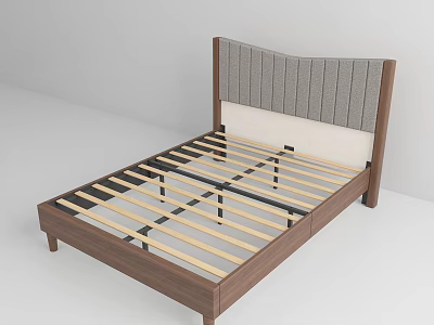 Modern Double Bed with Gray White Upholstered Headboard and Wooden Slat Support Frame 3d model