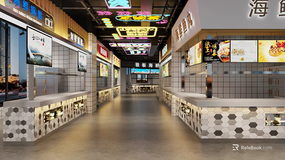 Vibrant Food Court Interior With Neon Signs Shop Counters And Menu Displays 3d model 