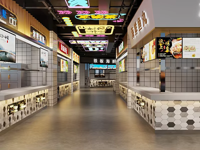 Vibrant Food Court Interior With Neon Signs Shop Counters And Menu Displays 3d model