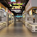 Vibrant Food Court Interior With Neon Signs Shop Counters And Menu Displays
