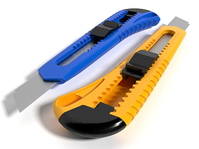Durable Hardware Utility Knives With Blue Yellow Handles Serrated Grip And Sharp Slider Blade 3d model