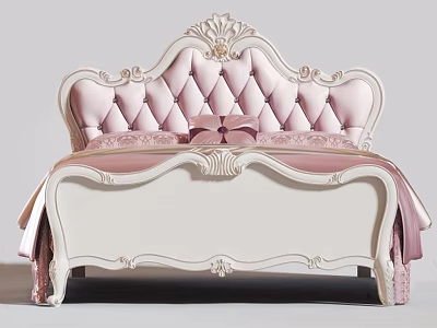 European Style Double Bed With Pink Tufted Headboard And White Carved Frame 3d model