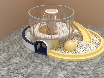 Kids Playground Equipment With Circular Upper Structure Mesh Fence Slide And Colorful Ball Pit 3d model