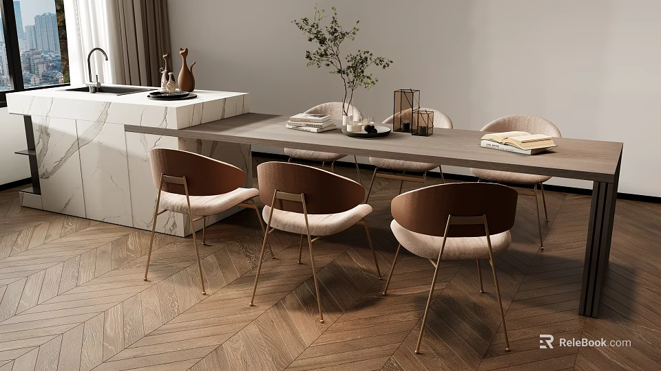 Modern Dining Table Set With Wooden Top Upholstered Chairs And Decorative Plants On Herringbone Floor 3d model 